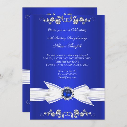 Invitation Elégant Royal Blue White Pearl Jewel Bow Anniversa (Devant / Derrière)