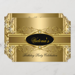 Invitation Elégant Royal Gold Black fête d'anniversaire Flora