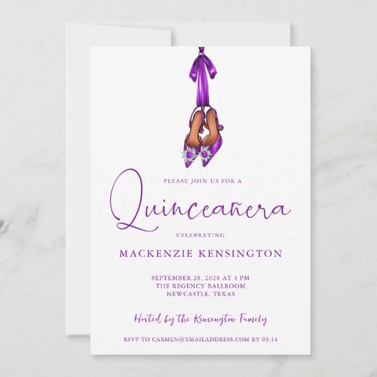 Invitation Elégant Royal Purple Lux High Heels Quinceañera (Devant)