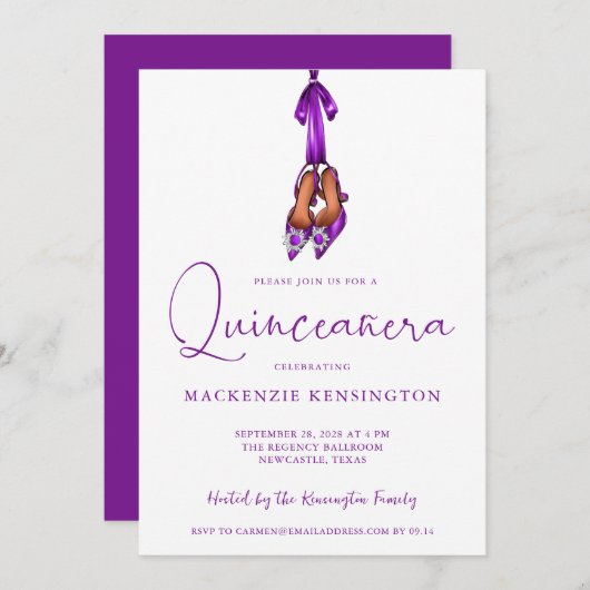 Invitation Elégant Royal Purple Lux High Heels Quinceañera (Devant / Derrière)