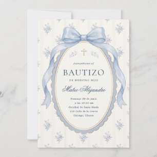 Invitation Élégant Ruban Aquarelle Bleu Clair Toile Bautizo