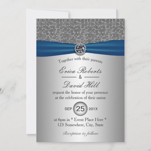 Invitation Élégant ruban bleu moderne Mariage Parties scintil (Devant)