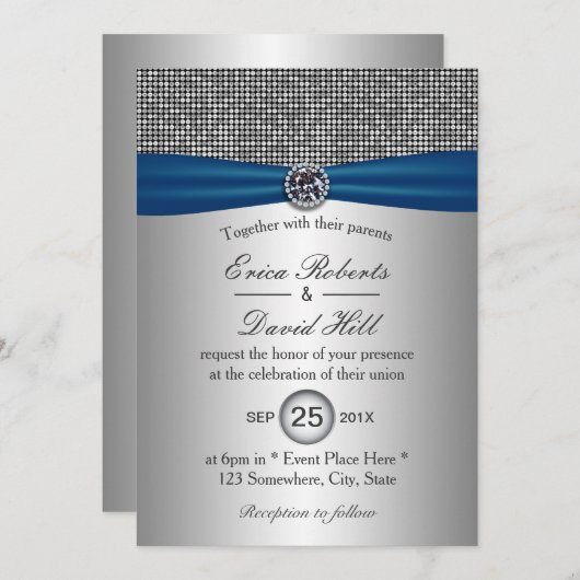 Invitation Élégant ruban bleu moderne Mariage Parties scintil (Devant / Derrière)