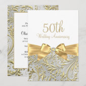 Invitation Elégant Ruban Feuille Blanc Or 50e Anniversaire (Devant / Derrière)