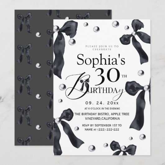 Invitation Elégant Ruban Noir et Blanc Anniversaire (Devant / Derrière)