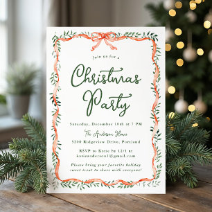 Invitation Élégant ruban rouge et fête de Noël verte