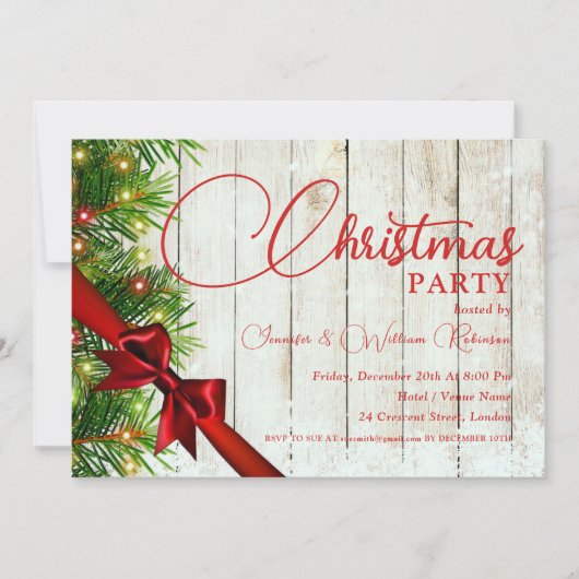 Invitation Élégant Ruban Rustique & Pine Noël (Devant)