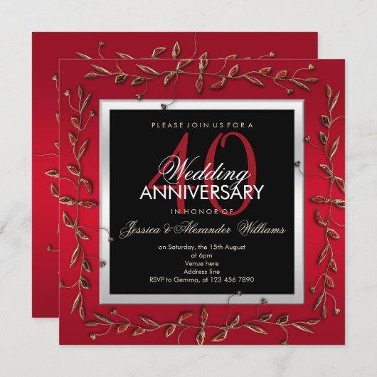 Invitation Elégant Ruby Gemstones 40e anniversaire de Mariage (Devant / Derrière)