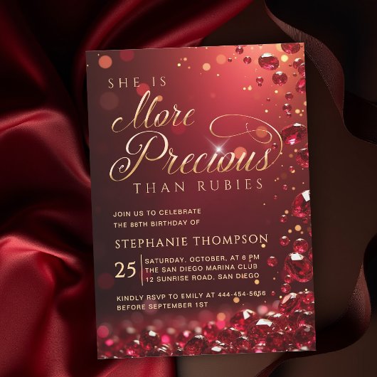 Invitation Elegant Ruby Red Gold Calligraphy 80th Birthday