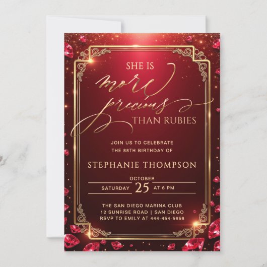 Invitation Elegant Ruby Red Gold Deco Frame 80th Birthday (Devant)