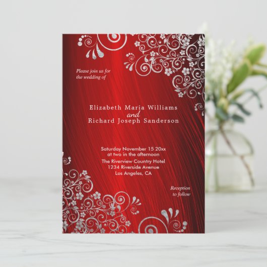 Invitation Élégant Ruby Red Silver Grey Swirls Mariage (Debout devant)