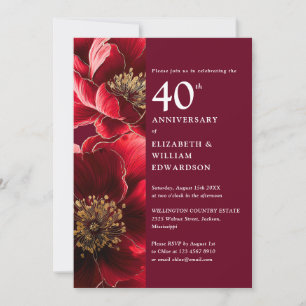 Invitation Elégant Ruby Rouge Moderne Floral 40e Anniversaire