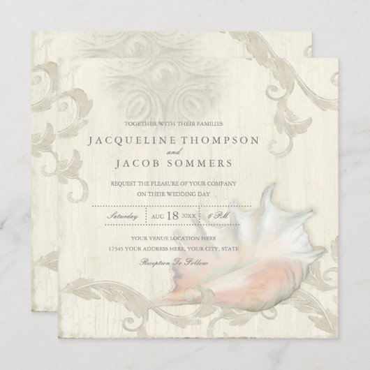 Invitation Elégant Rustic Beach Seashell Conch Shell Wood Art (Devant / Derrière)
