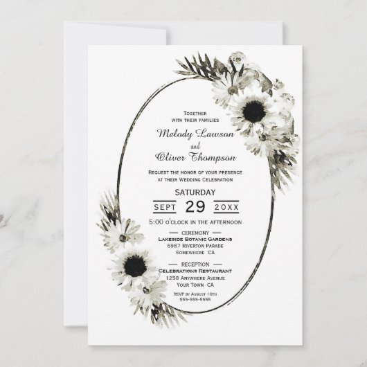 Invitation Elegant Rustic Black and White Floral Wedding (Devant)