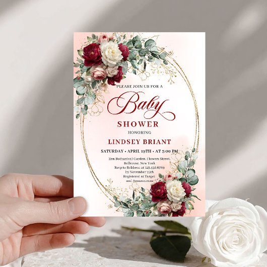 Invitation Elegant Rustic Burgundy Floral Gold Baby Shower  