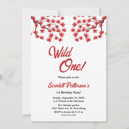 Invitation Elégant Rustic Fall Red Feuilles Boho 1er annivers (Devant)