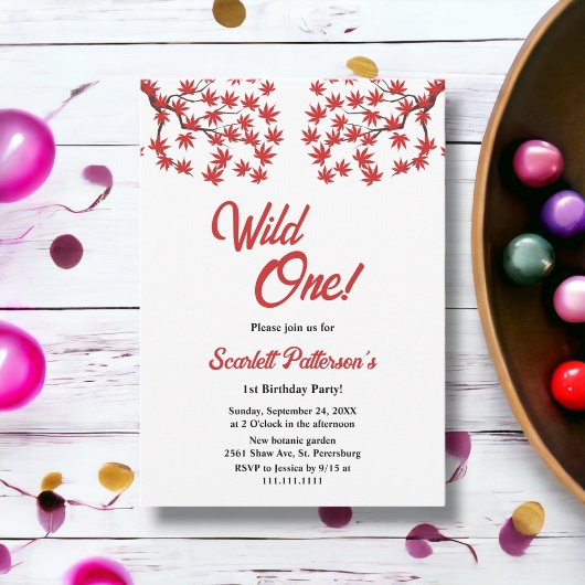 Invitation Elégant Rustic Fall Red Feuilles Boho 1er annivers