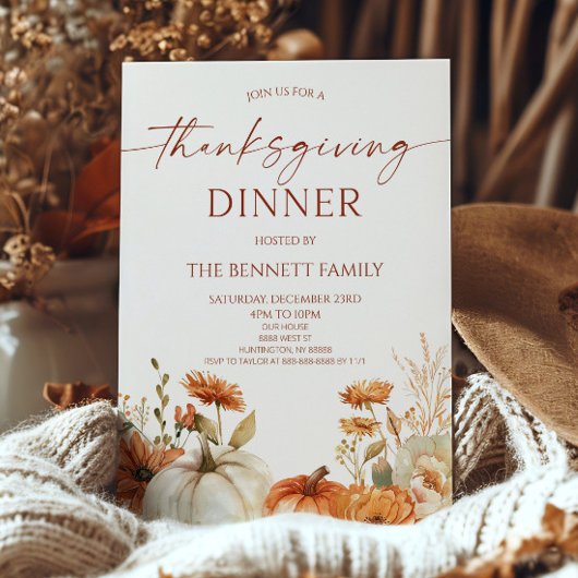 Invitation Elegant Rustic Floral Pumpkin Thanksgiving Dinner