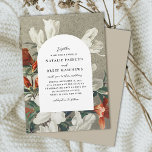 Invitation Élégant Rustic Florals Mariage en terre cuite<br><div class="desc">Cette belle et élégante invitation de mariage présente un tableau vintage de fleurs de pomme en terre cuite orange, blanc et vert sur une toile rustique / burlap arrière - plan en beige. Le texte se distingue par sa forme en arc blanc. Le dos est beige clair, mais la couleur...</div>