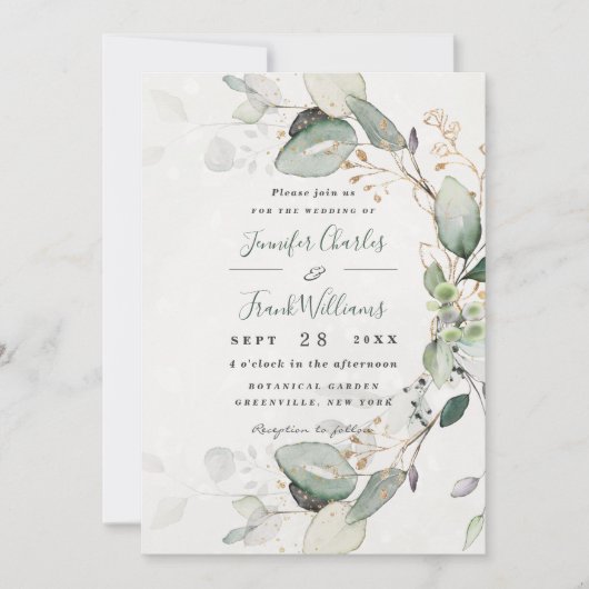 Invitation Elégant Rustic Gold Greenery Eucalyptus Mariage (Devant)