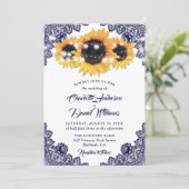 Invitation Elegant Rustic Navy Blue Lace Sunflower Wedding (Debout devant)