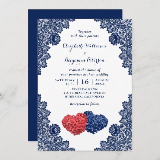 Invitation Elégant Rustic Navy Mariage bleu et rouge floral (Devant / Derrière)
