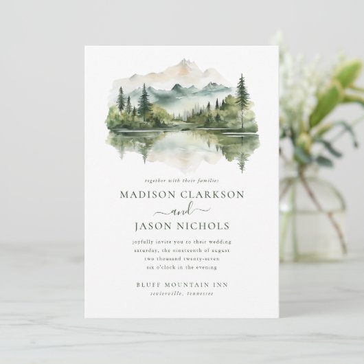 Invitation Elégant Rustic Pine Mountain QR Code Mariage photo (Debout devant)