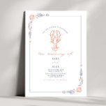 Invitation Elégant Rustic Red & Blue Beach Wedding Homard<br><div class="desc">Illustration du homard au sommet avec la bordure botanique des coquillages d'art. Le texte et les illustrations sont bleu et rouge pâle.</div>