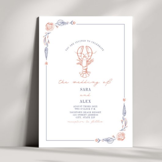 Invitation Elégant Rustic Red & Blue Beach Wedding Homard