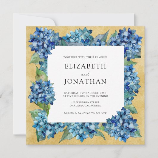 Invitation Elegant Rustic Sand Navy Blue Hydrangeas Wedding (Devant)