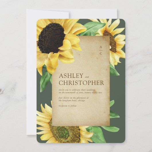 Invitation Elégant Rustic Sunflower Moss Mariage photo vert (Devant)