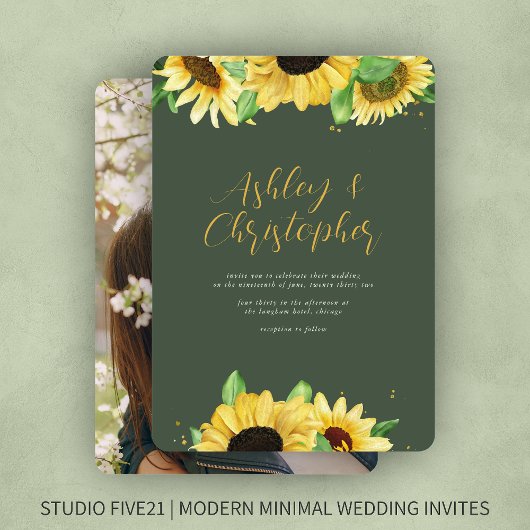 Invitation Elégant Rustic Sunflower Moss Mariage photo vert
