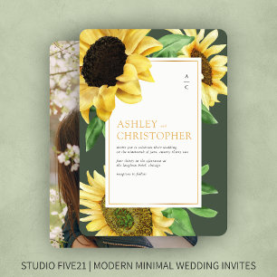 Invitation Elégant Rustic Sunflower Moss Mariage photo vert