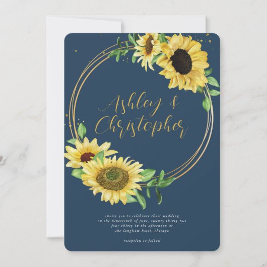 Invitation Elégant Rustic Sunflower Navy Mariage photo bleu (Devant)