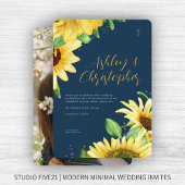 Invitation Elégant Rustic Sunflower Navy Mariage photo bleu