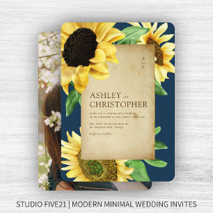 Invitation Elégant Rustic Sunflower Navy Mariage photo bleu