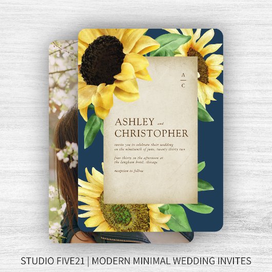 Invitation Elégant Rustic Sunflower Navy Mariage photo bleu