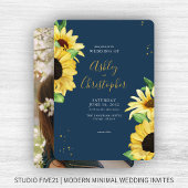 Invitation Elégant Rustic Sunflower Navy Mariage photo bleu