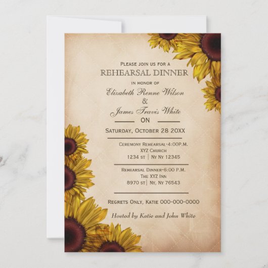 Invitation Élégant Rustic Sunflowers répétition dîner invitat (Devant)