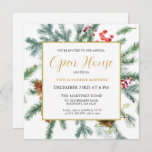 Invitation Elégant Rustic Winter Botanique Open House Invitat<br><div class="desc">Ce modèle carré do-it-yourself dispose d'un cadre doré orné de branches de pin,  de baies rouges et de cônes de pin. Beaucoup d'espace blanc lui donne une impression d'ouverture et d'élégance.</div>