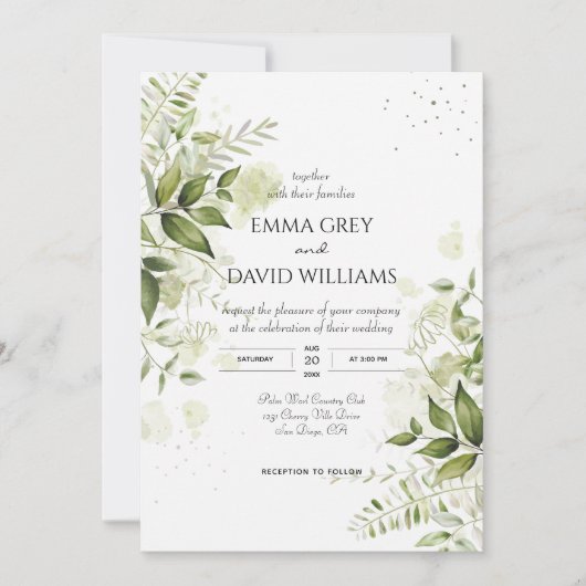 Invitation Elégant Rustique Aquarelle Feuille Mariage de verd (Devant)
