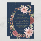 Invitation Elégant Rustique Aquarelle Fleurs Marine Rouge Ros (Devant / Derrière)