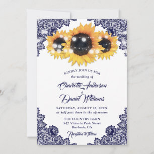 Invitation Élégant Rustique Bleu Nuit Broderie Tournesol Mari