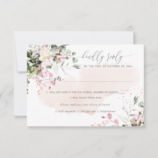 Invitation Elégant Rustique Blush Eucalyptus Rose, Repas RSVP (Devant)