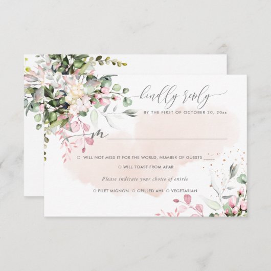 Invitation Elégant Rustique Blush Eucalyptus Rose, Repas RSVP (Devant / Derrière)