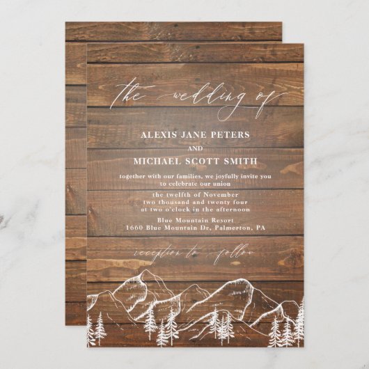 Invitation Élégant rustique Calligraphie Mariage bois (Devant / Derrière)