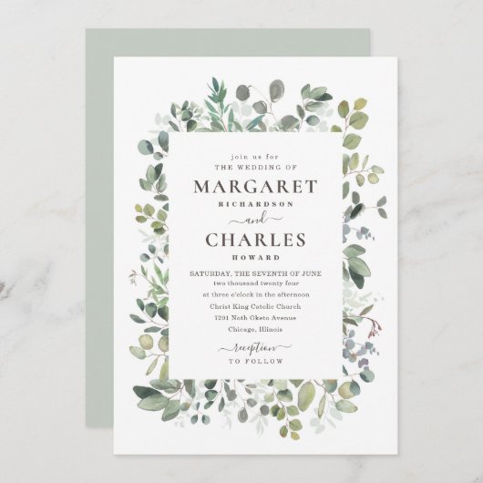 Invitation Elégant Rustique Eucalyptus Sage Green Mariage Inv (Devant / Derrière)