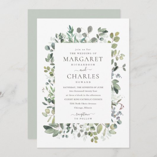 Invitation Elégant Rustique Eucalyptus Sage Green Mariage Inv (Devant / Derrière)