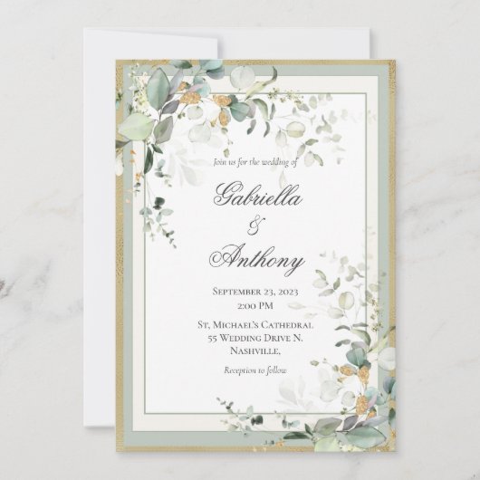 Invitation Elégant Rustique Eucalyptus Sage Mariage or (Devant)