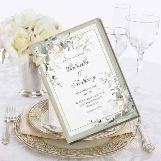 Invitation Elégant Rustique Eucalyptus Sage Mariage or